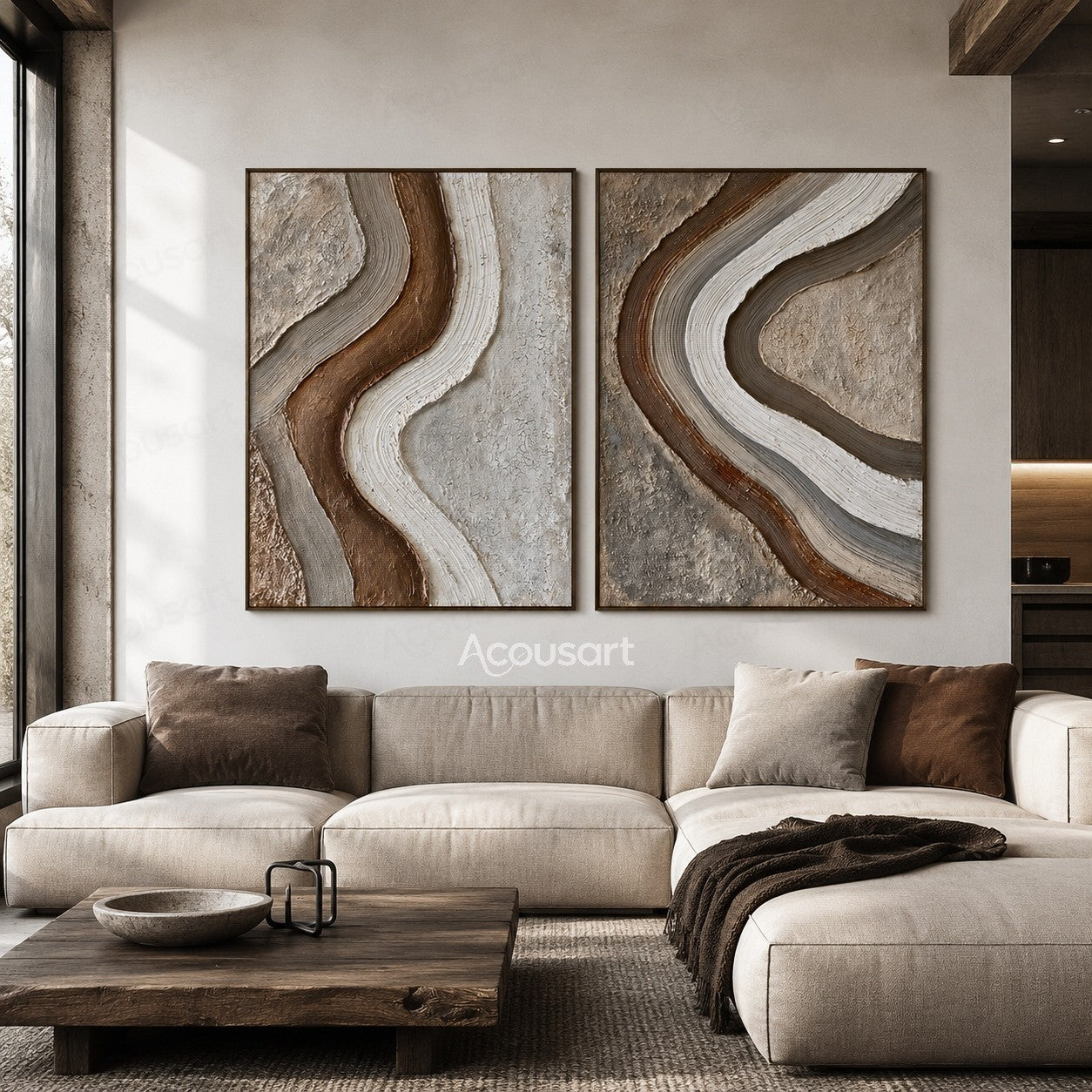 Neutral textured abstract wall art with flowing brown, beige, and white curved lines