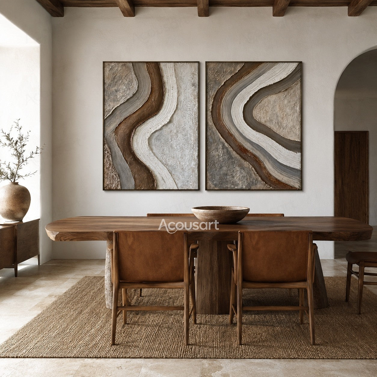 Neutral textured abstract wall art with flowing brown, beige, and white curved lines