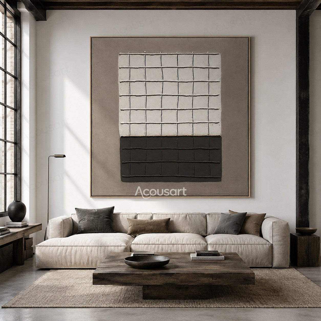 Black and white geometric textured abstract wall art with raised grid pattern design