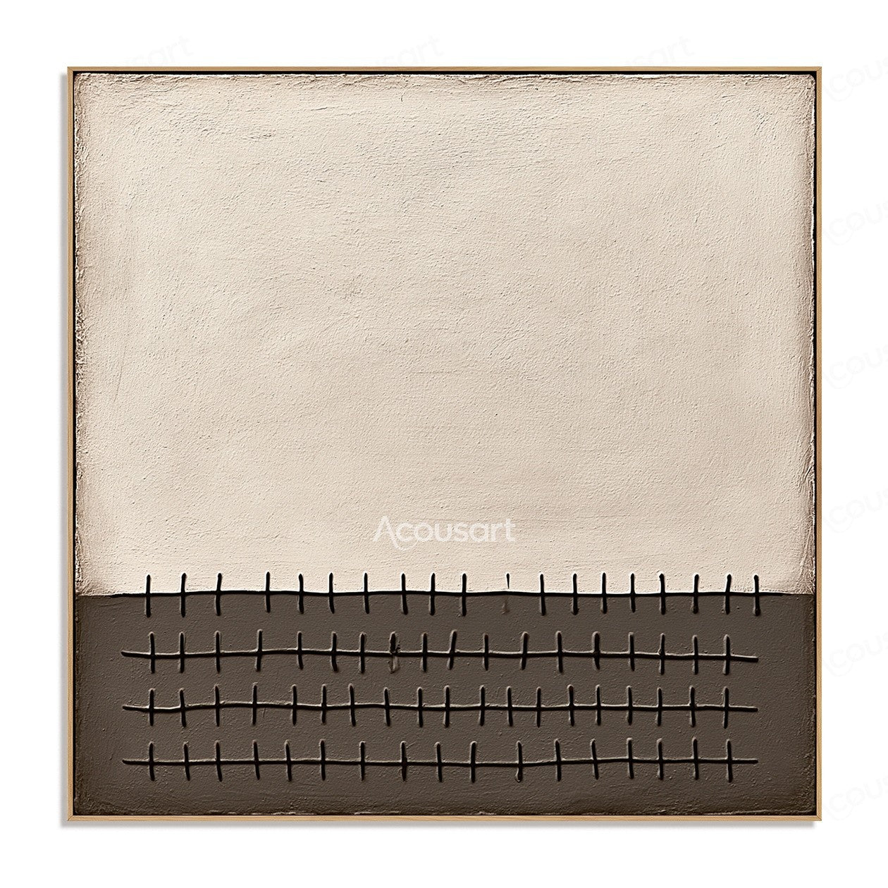 Neutral textured abstract wall art with beige background and dark geometric grid line pattern