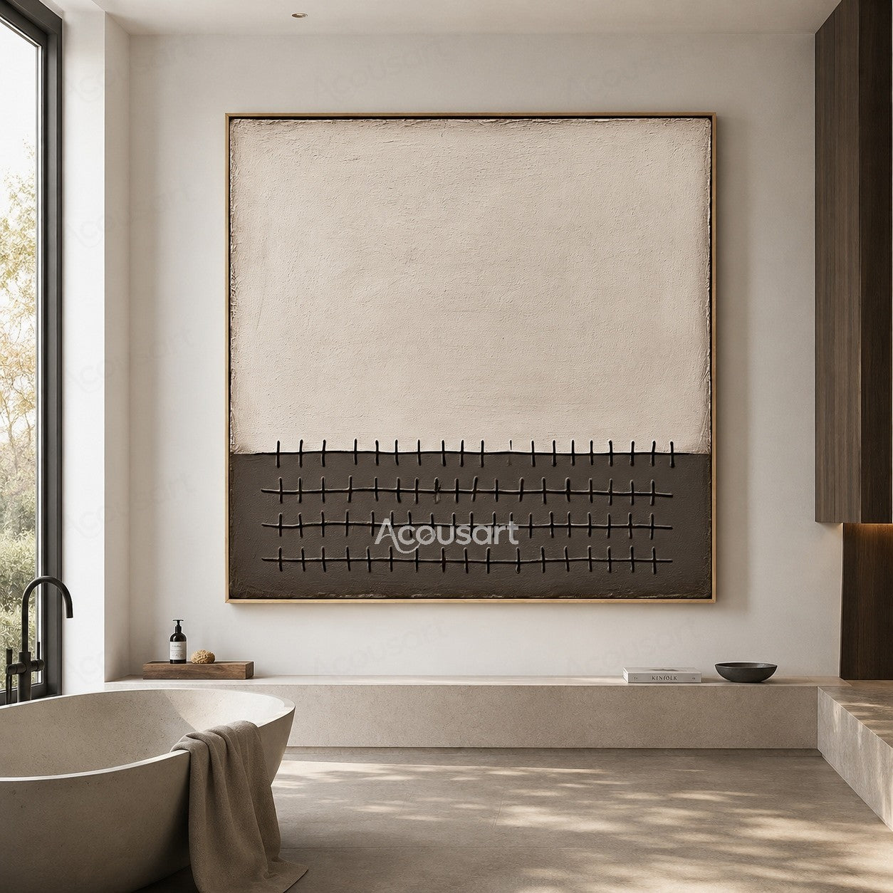 Neutral textured abstract wall art with beige background and dark geometric grid line pattern
