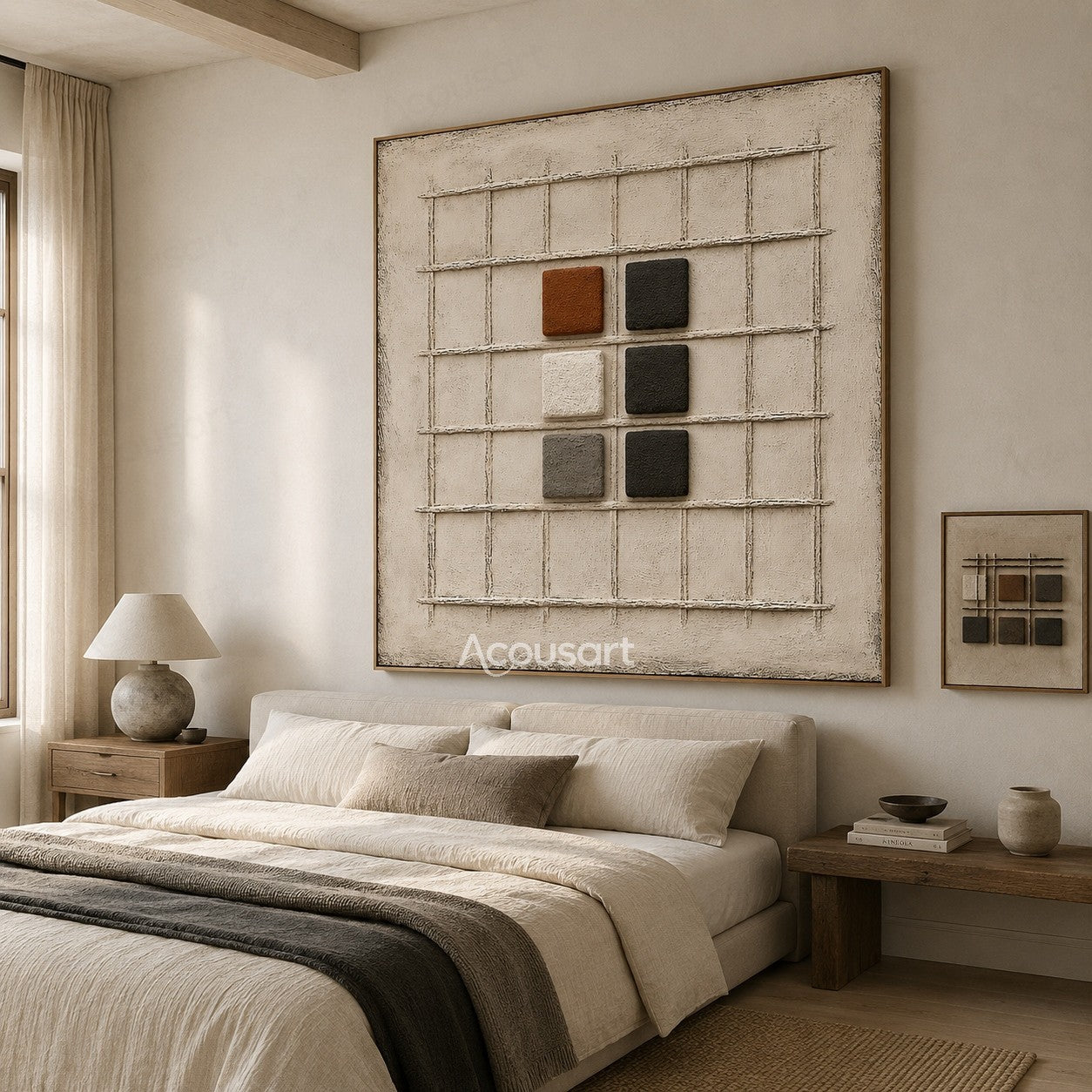 Neutral textured abstract wall art with beige grid background and raised black white brown geometric blocks