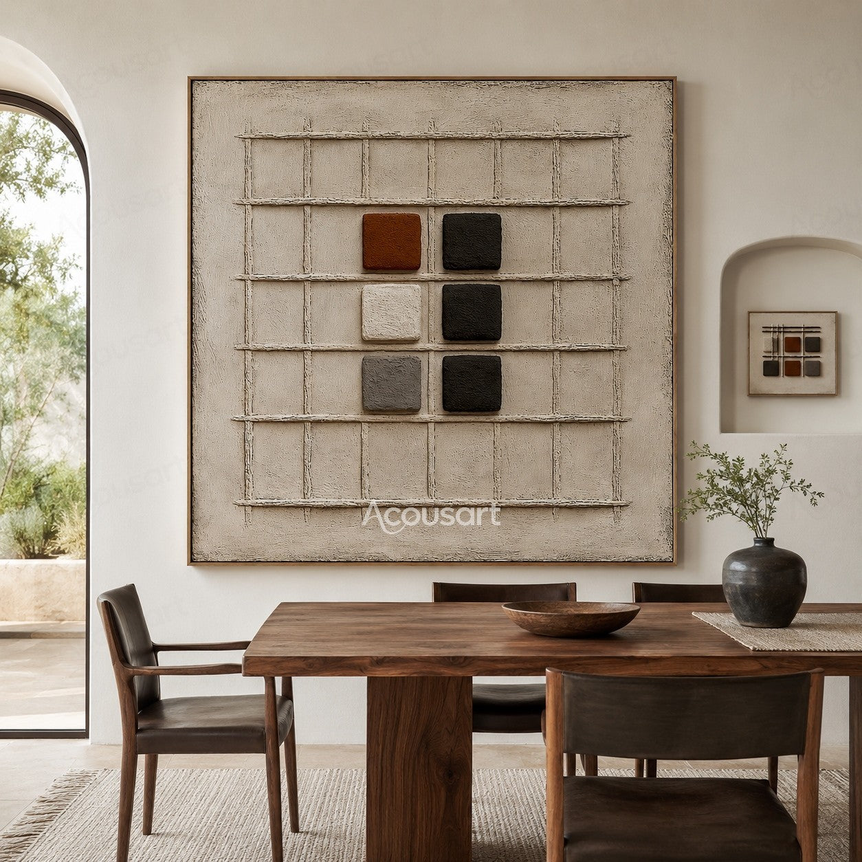 Neutral textured abstract wall art with beige grid background and raised black white brown geometric blocks