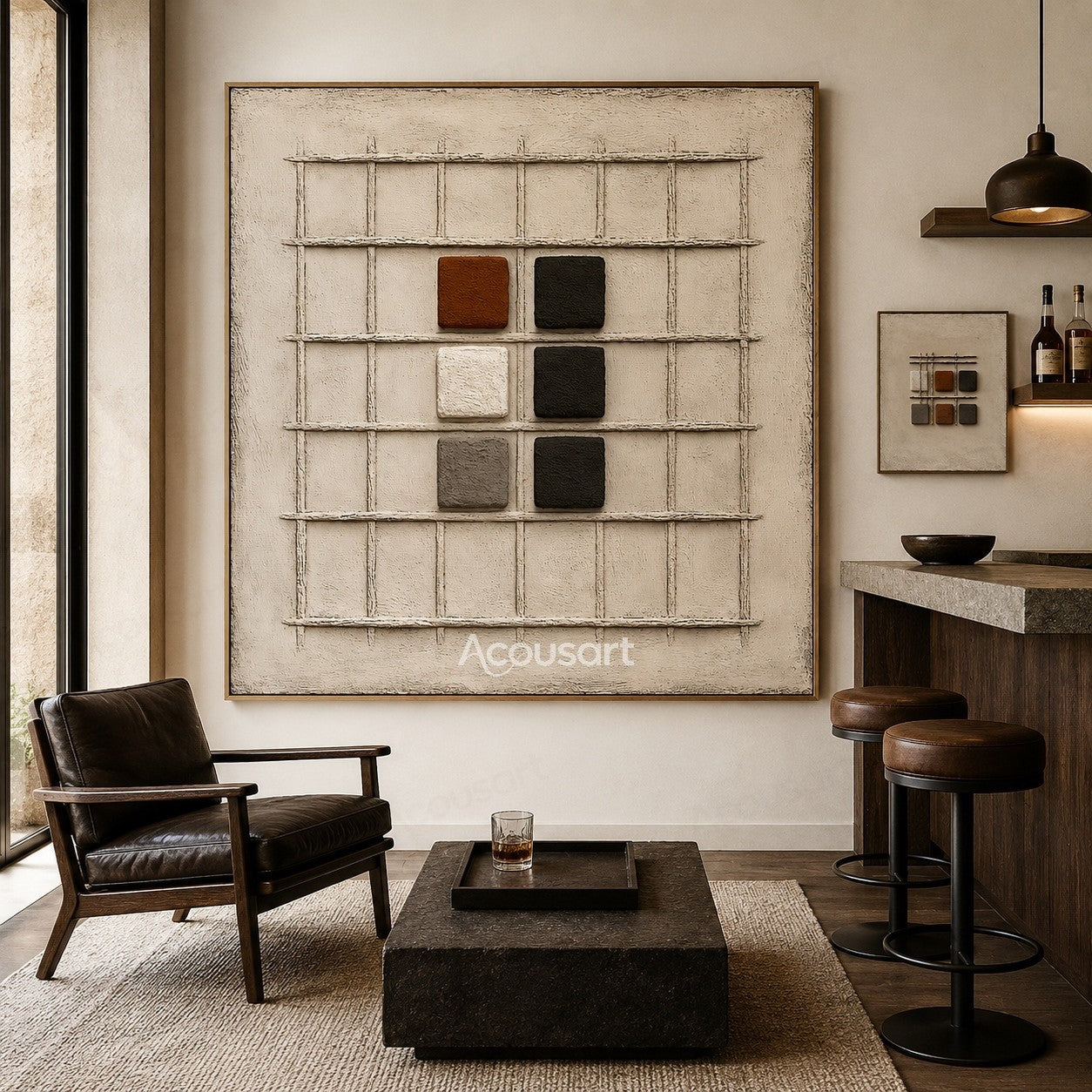 Neutral textured abstract wall art with beige grid background and raised black white brown geometric blocks
