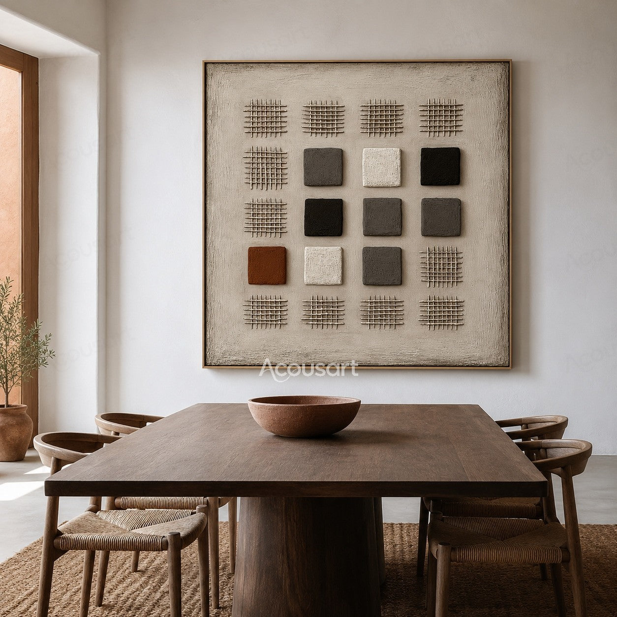 Neutral geometric textured abstract wall art with raised grid patterns and black white brown blocks on beige background