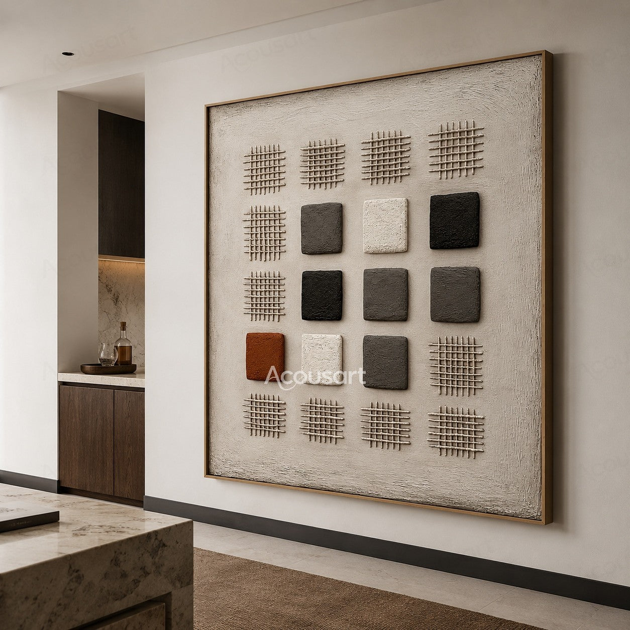 Neutral geometric textured abstract wall art with raised grid patterns and black white brown blocks on beige background