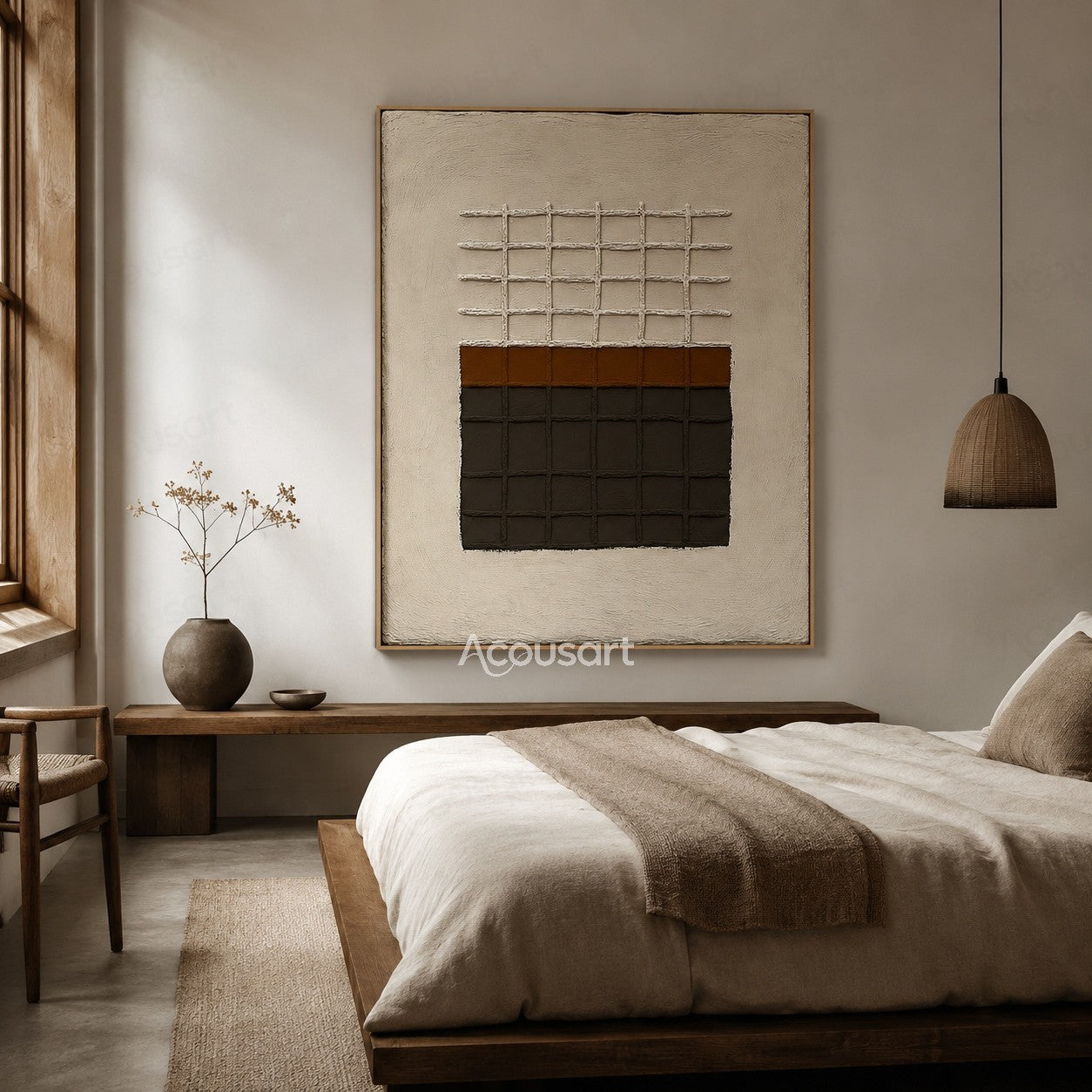 Neutral geometric textured abstract wall art with beige background and raised black brown grid pattern
