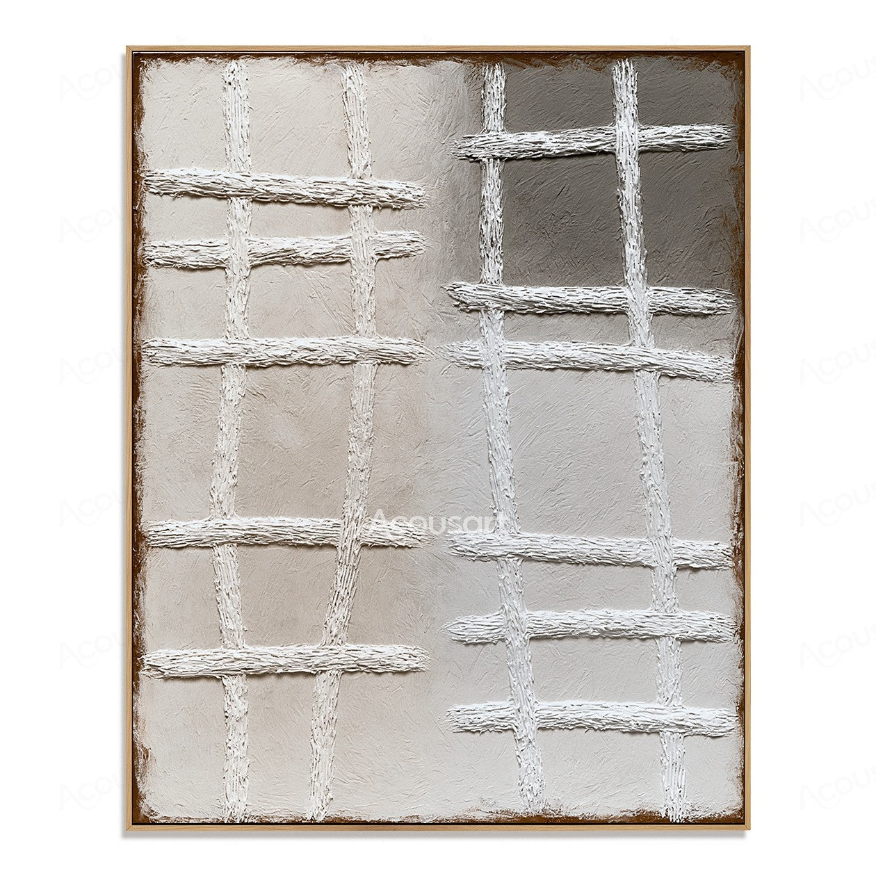 Neutral textured abstract wall art with white raised grid lines on beige gray background