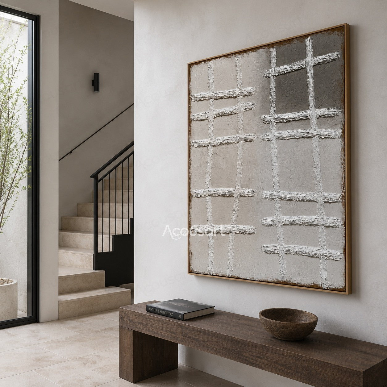 Neutral textured abstract wall art with white raised grid lines on beige gray background
