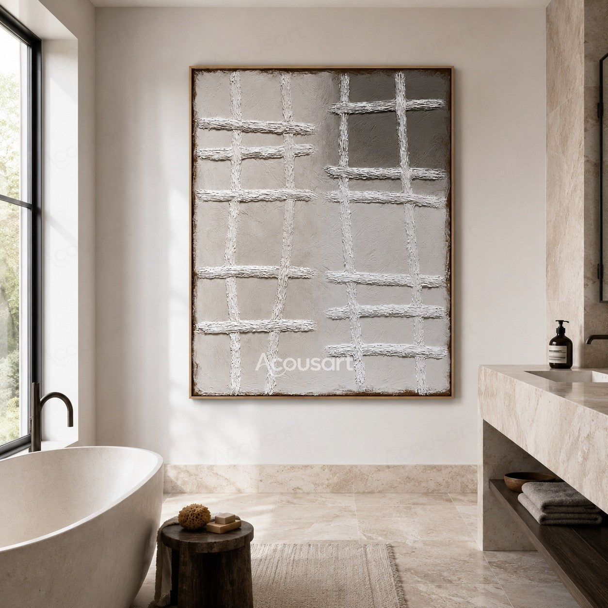 Neutral textured abstract wall art with white raised grid lines on beige gray background