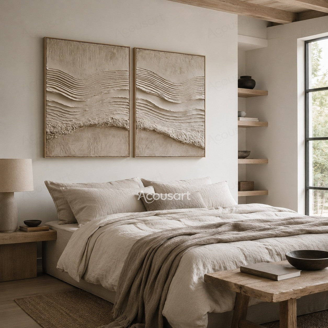 Neutral beige textured abstract wall art with raised flowing wave lines and minimalist design