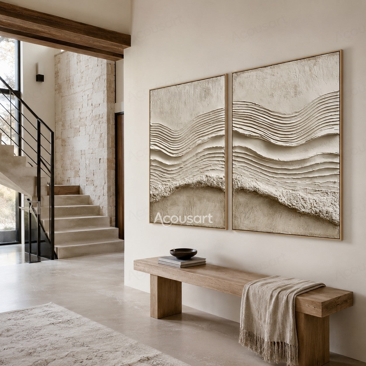 Neutral beige textured abstract wall art with raised flowing wave lines and minimalist design