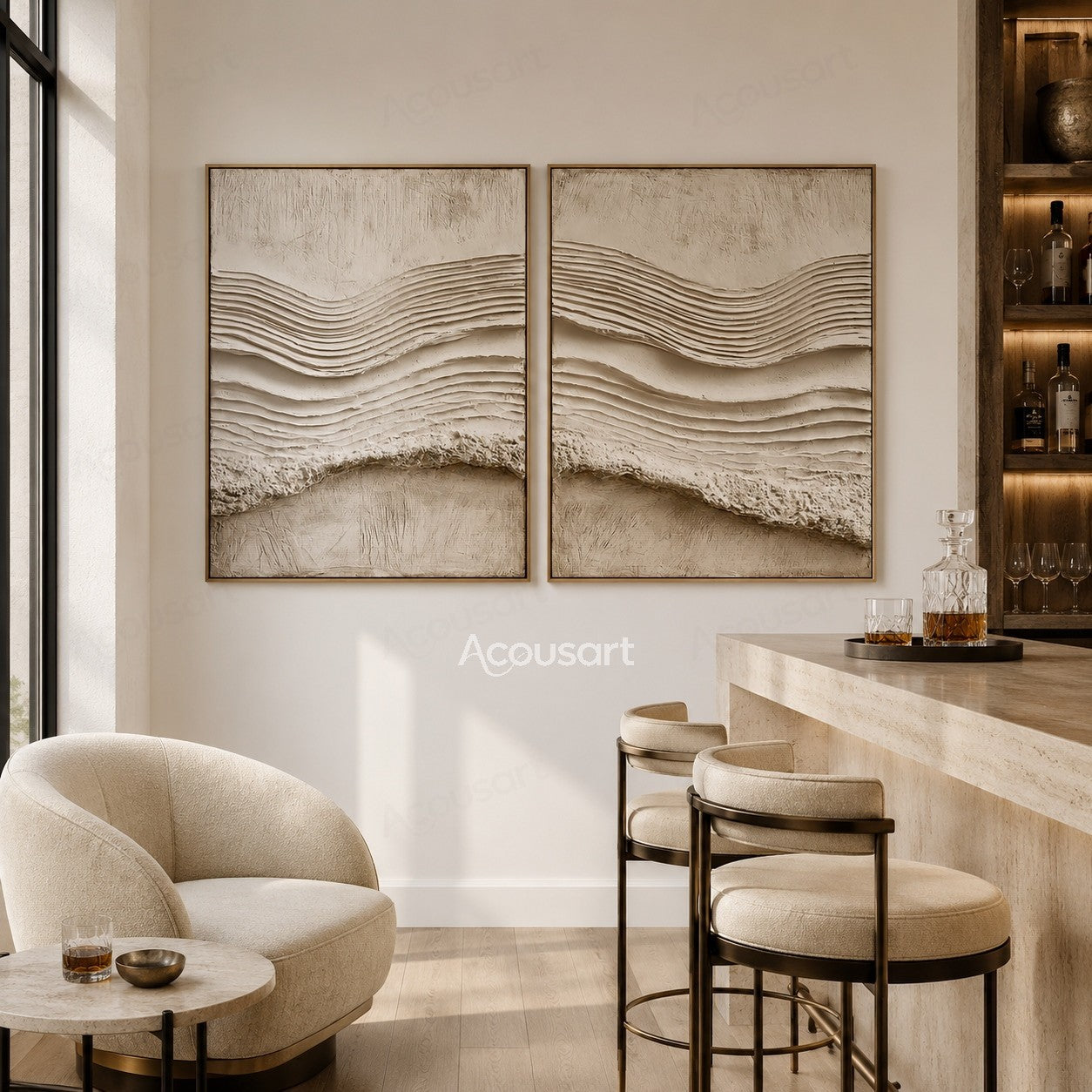 Neutral beige textured abstract wall art with raised flowing wave lines and minimalist design