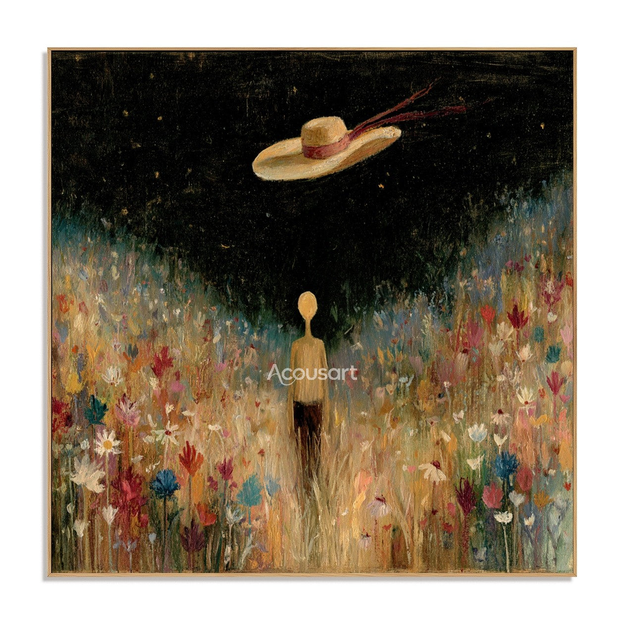 Dreamy floral landscape wall art with a figure standing in a colorful flower field under a dark sky