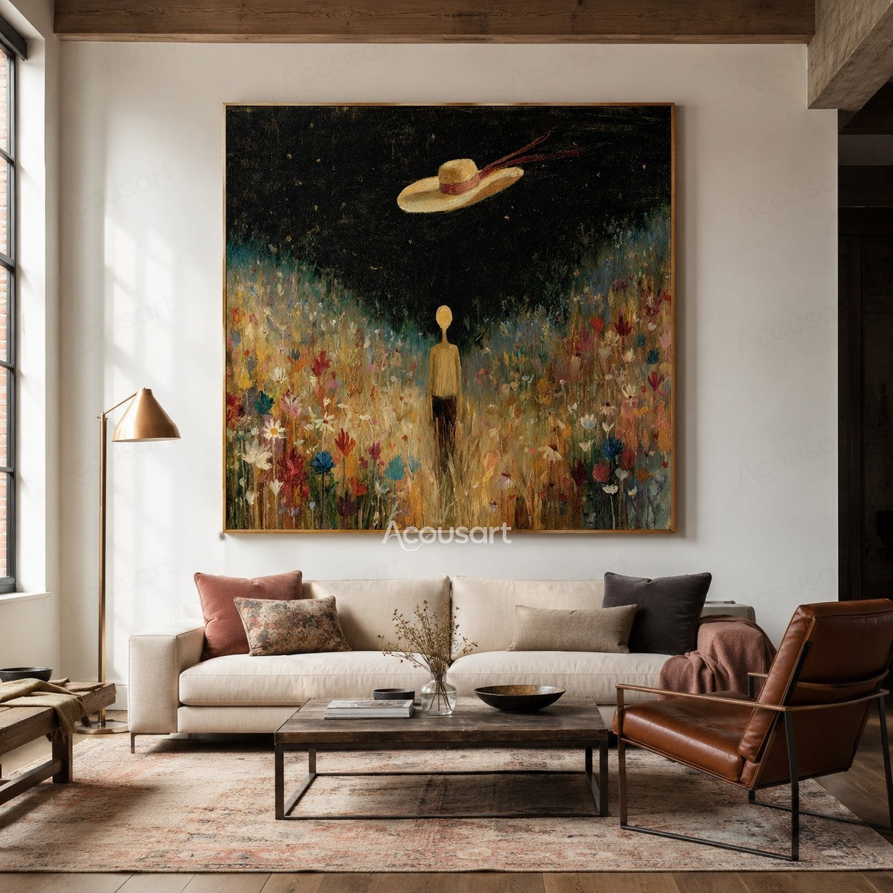 Dreamy floral landscape wall art with a figure standing in a colorful flower field under a dark sky