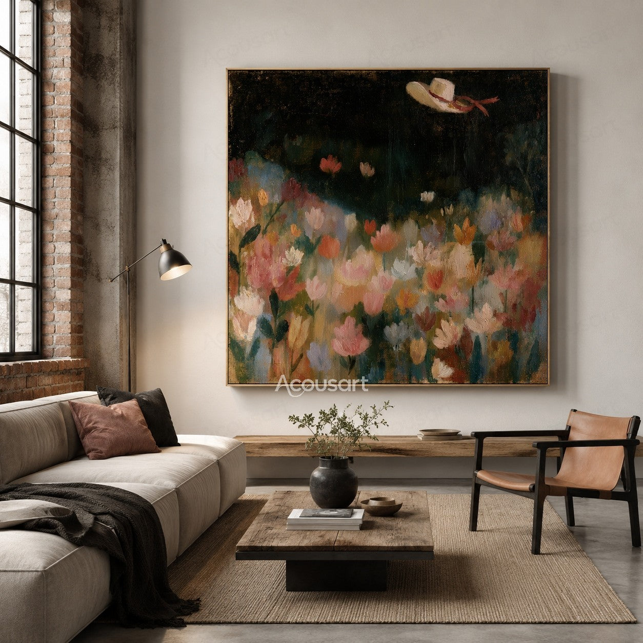 Dreamy flower field wall art with colorful flowers, dark sky, and floating hat