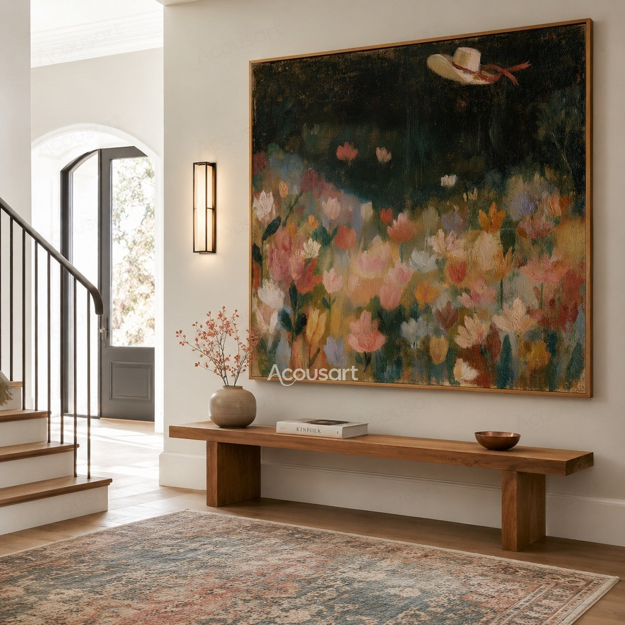 Dreamy flower field wall art with colorful flowers, dark sky, and floating hat