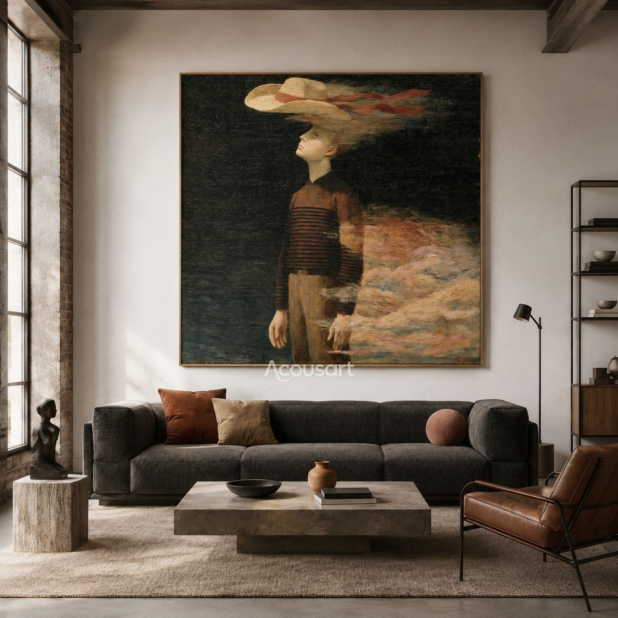 Surreal figure wall art with floating hat and soft cloud-like abstract background