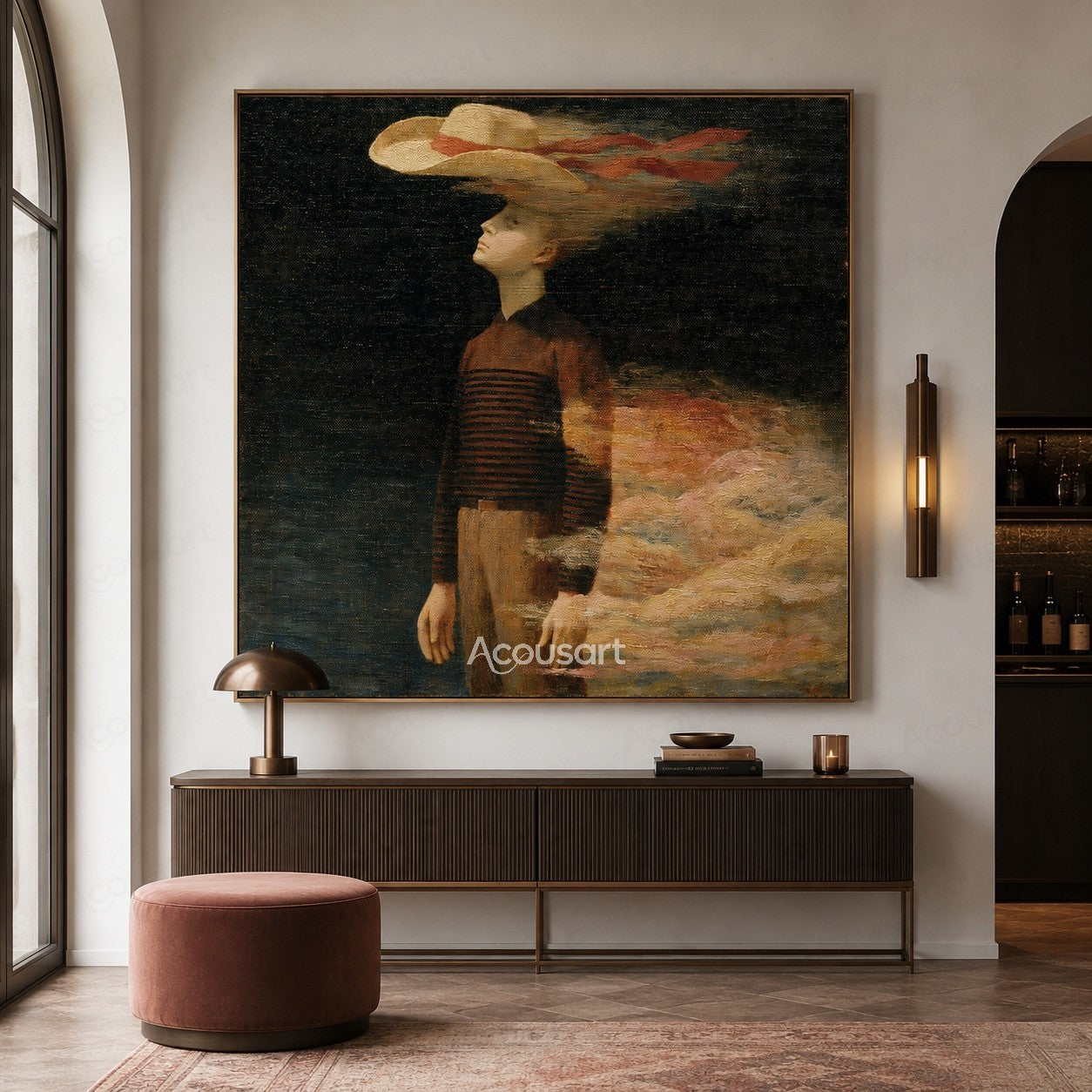 Surreal figure wall art with floating hat and soft cloud-like abstract background