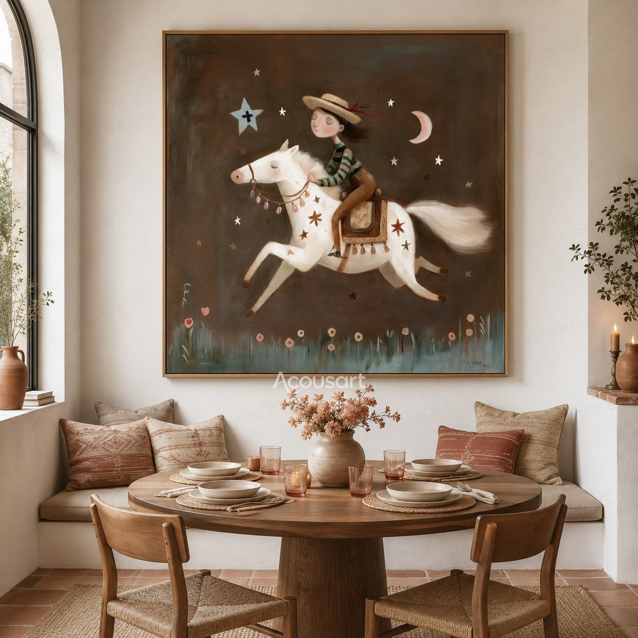 Whimsical white horse painting with rider under stars and crescent moon in a dark night sky