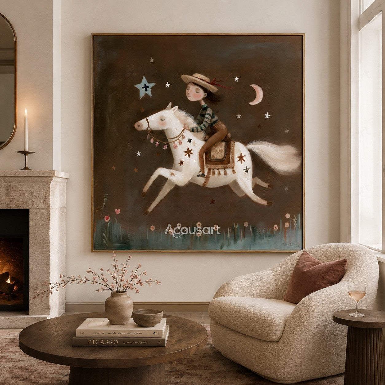 Whimsical white horse painting with rider under stars and crescent moon in a dark night sky
