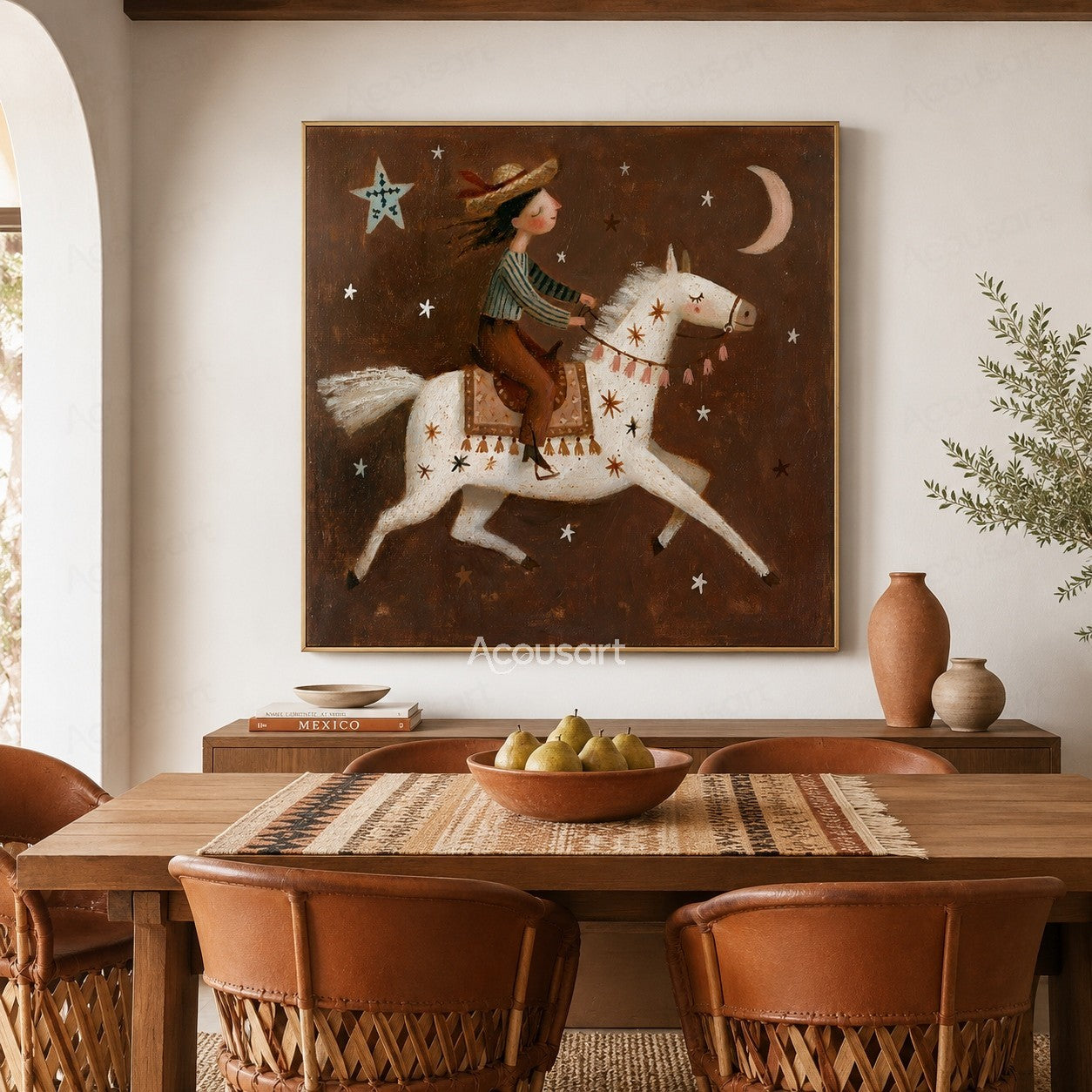 Whimsical white horse with rider under stars and crescent moon in a fantasy night scene