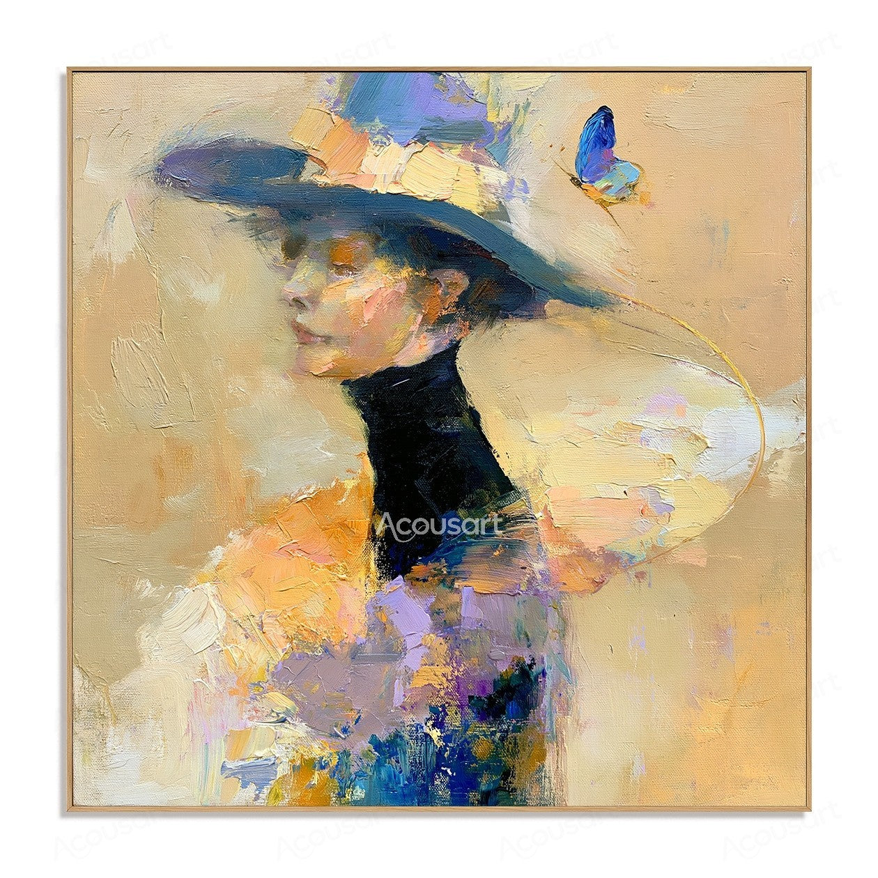 Modern figurative textured wall art featuring elegant woman with wide hat and colorful abstract brushstrokes
