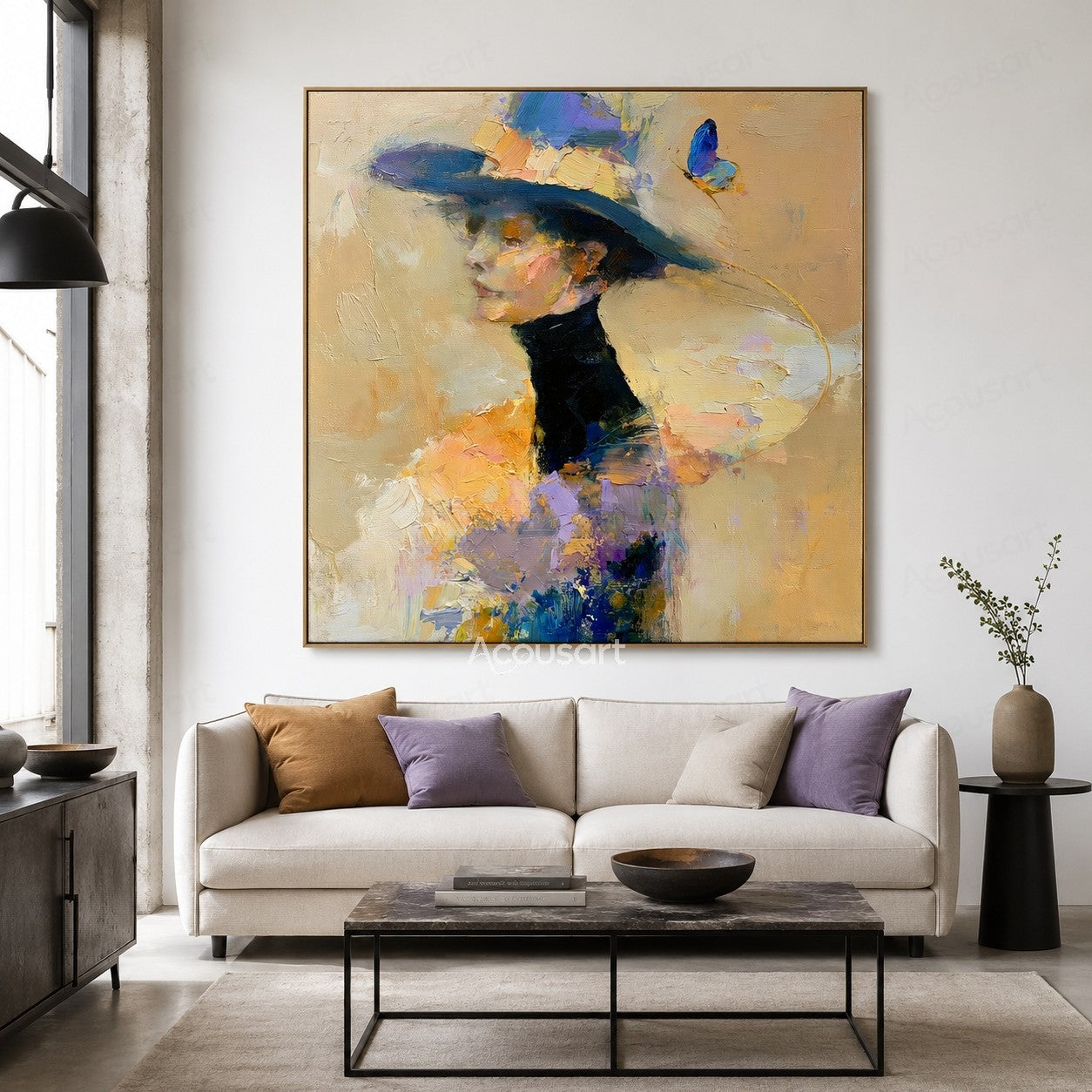 Modern figurative textured wall art featuring elegant woman with wide hat and colorful abstract brushstrokes