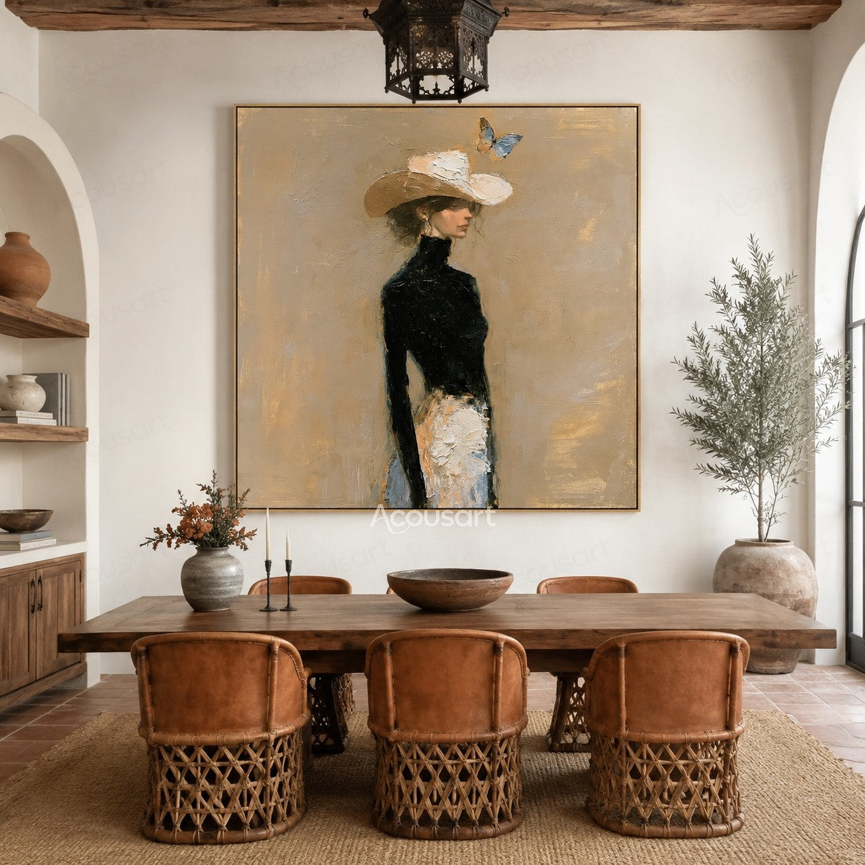 Elegant portrait wall art of a woman in a black top wearing a white hat with a butterfly above