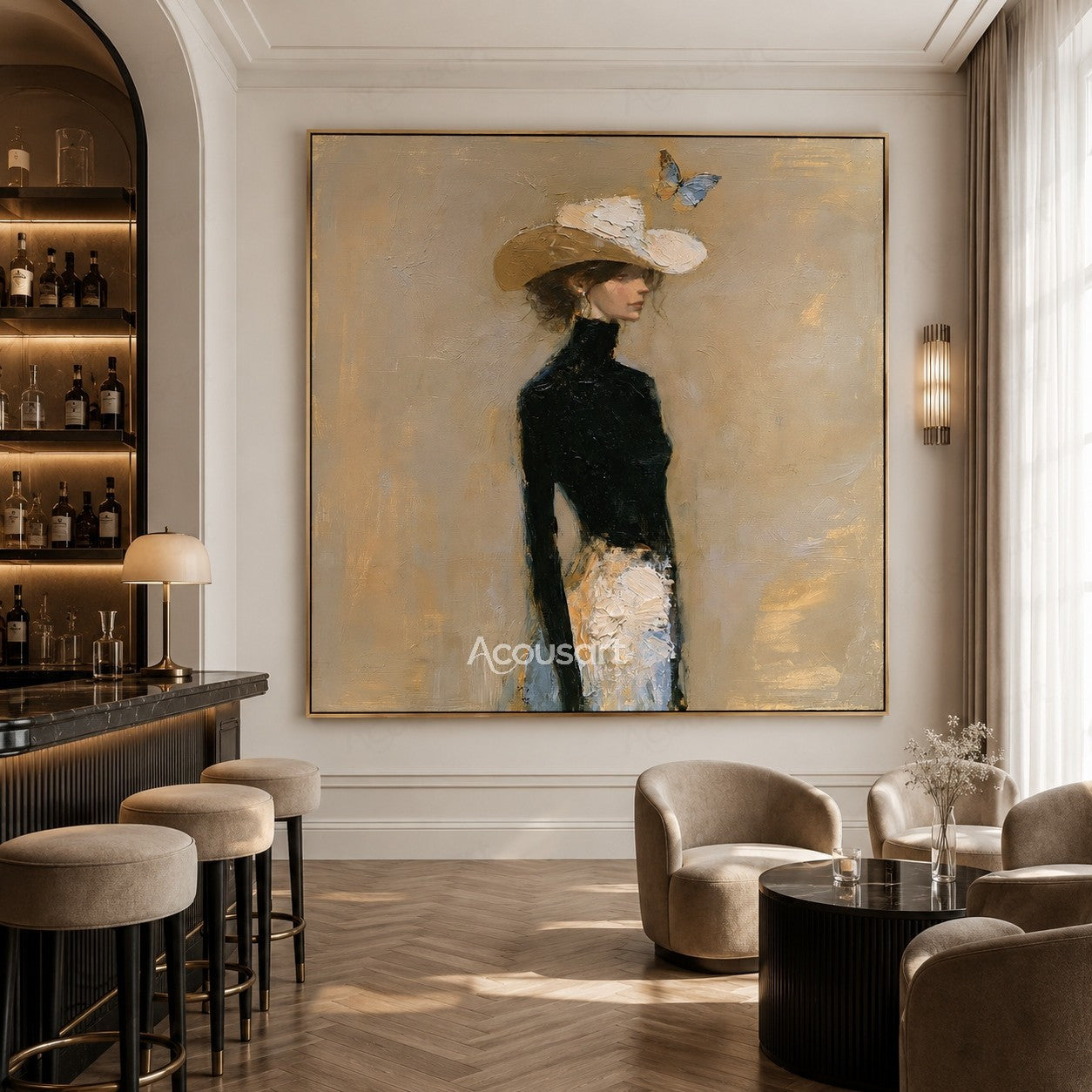 Elegant portrait wall art of a woman in a black top wearing a white hat with a butterfly above