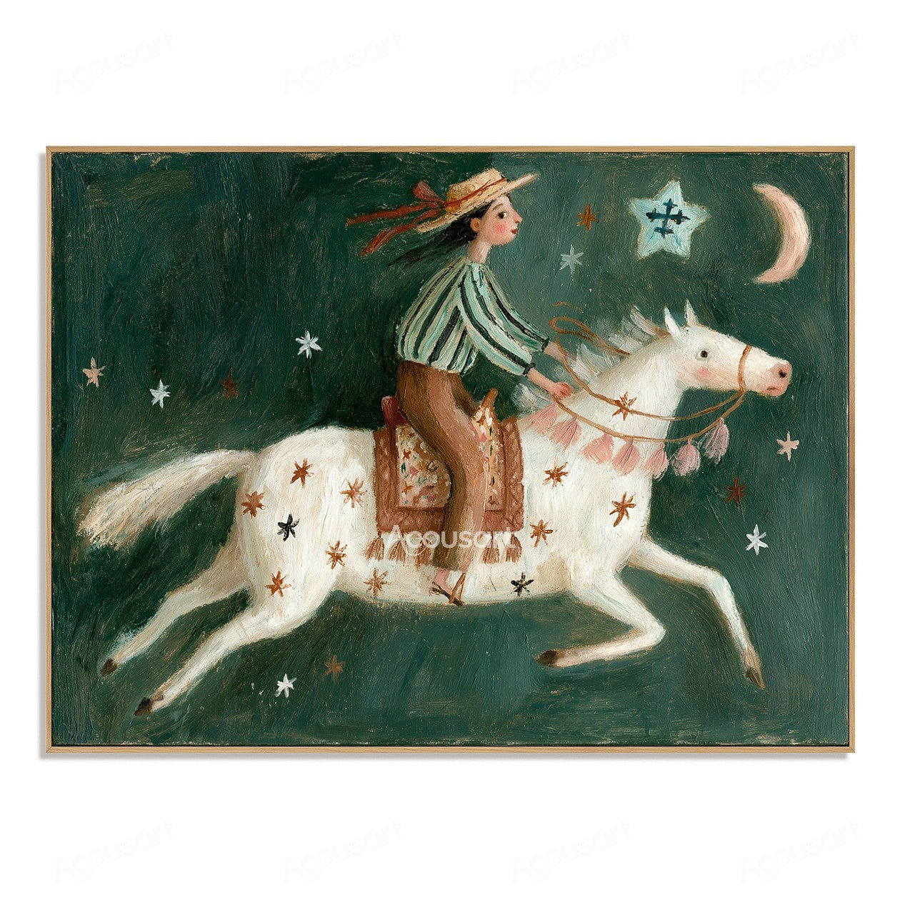 Whimsical folk art painting of a girl riding a white horse under stars and a crescent moon