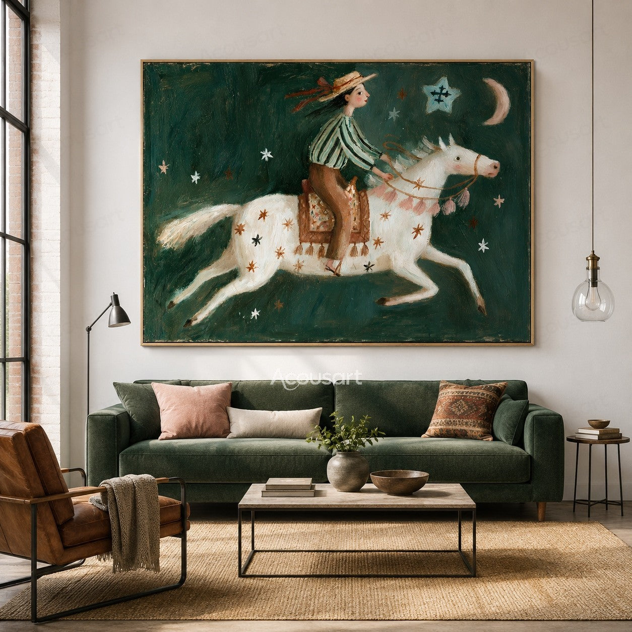 Whimsical folk art painting of a girl riding a white horse under stars and a crescent moon