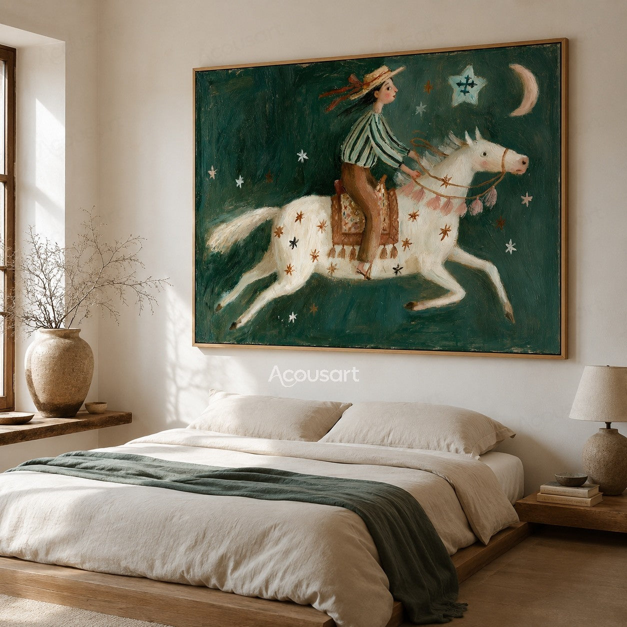 Whimsical folk art painting of a girl riding a white horse under stars and a crescent moon