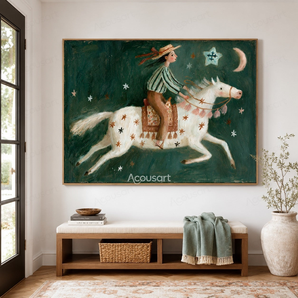 Whimsical folk art painting of a girl riding a white horse under stars and a crescent moon