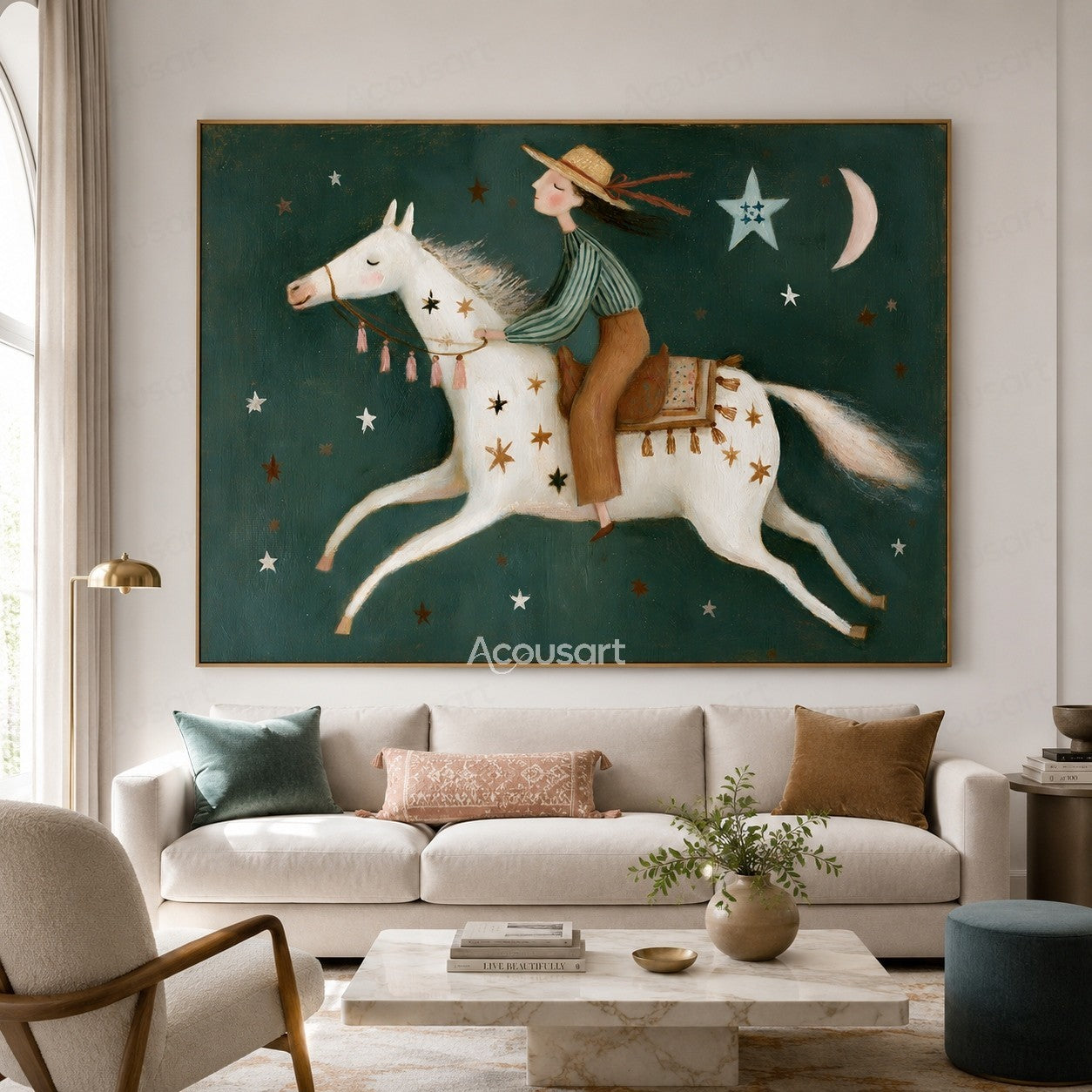 Folk art painting of a girl riding a white horse under stars and crescent moon