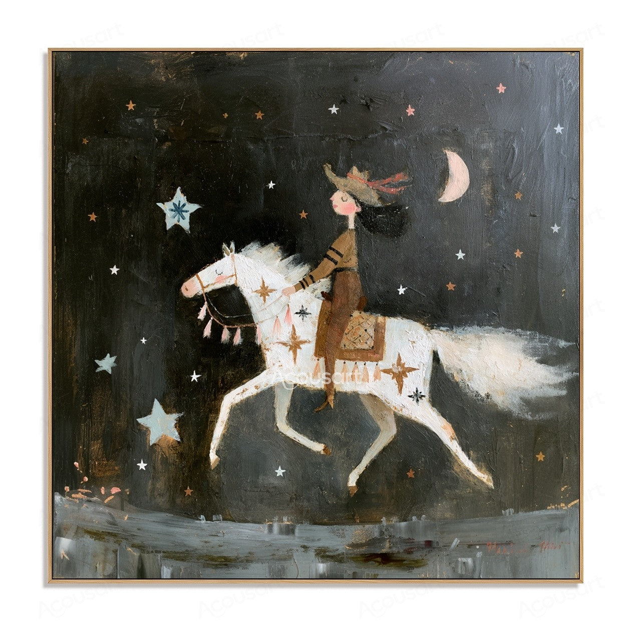 Whimsical painting of a rider on a white horse under stars and crescent moon in a dark night sky
