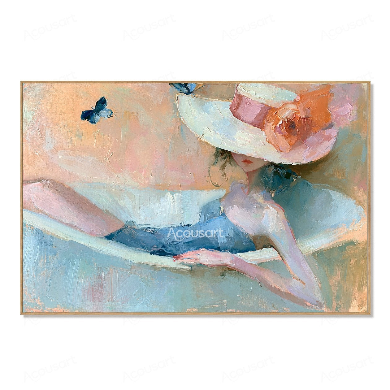 Pastel wall art of a reclining woman wearing a wide hat with a flower and butterfly