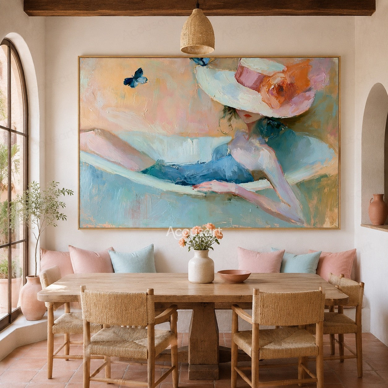Pastel wall art of a reclining woman wearing a wide hat with a flower and butterfly