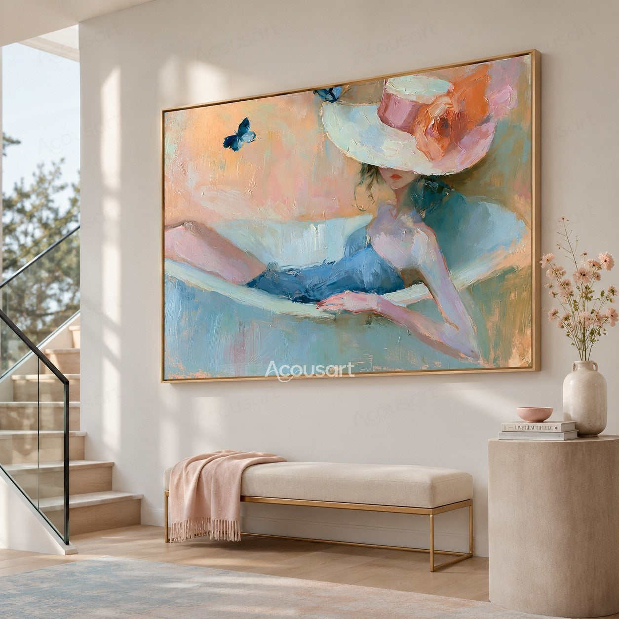Pastel wall art of a reclining woman wearing a wide hat with a flower and butterfly