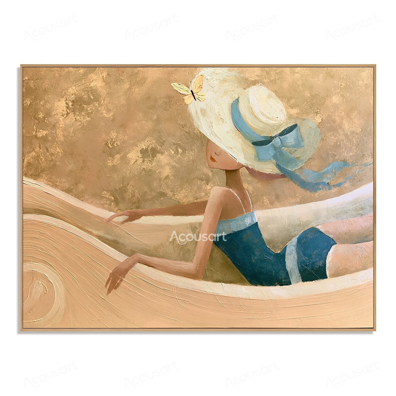 Coastal figurative textured wall art featuring woman in blue outfit and white sun hat by the ocean