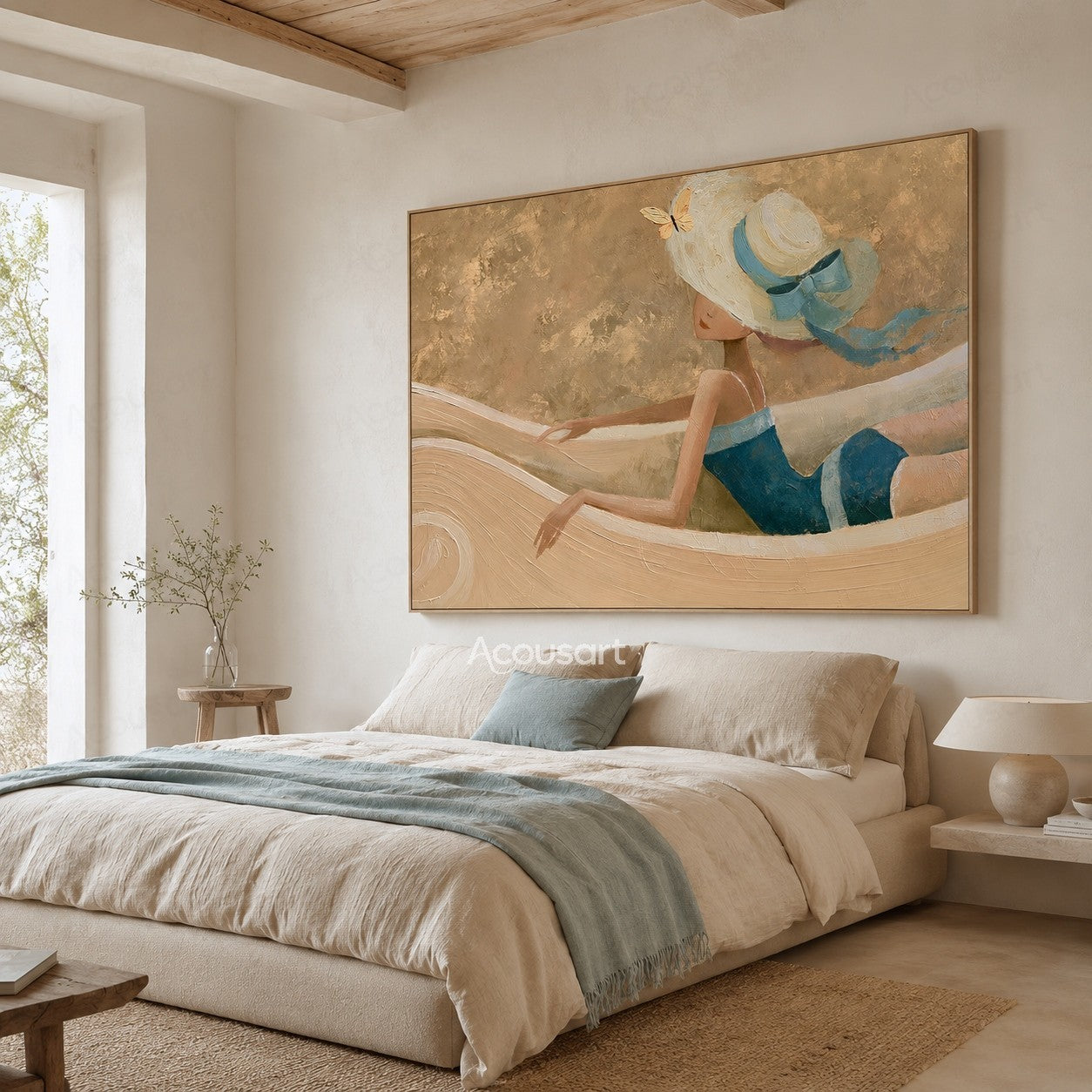 Coastal figurative textured wall art featuring woman in blue outfit and white sun hat by the ocean