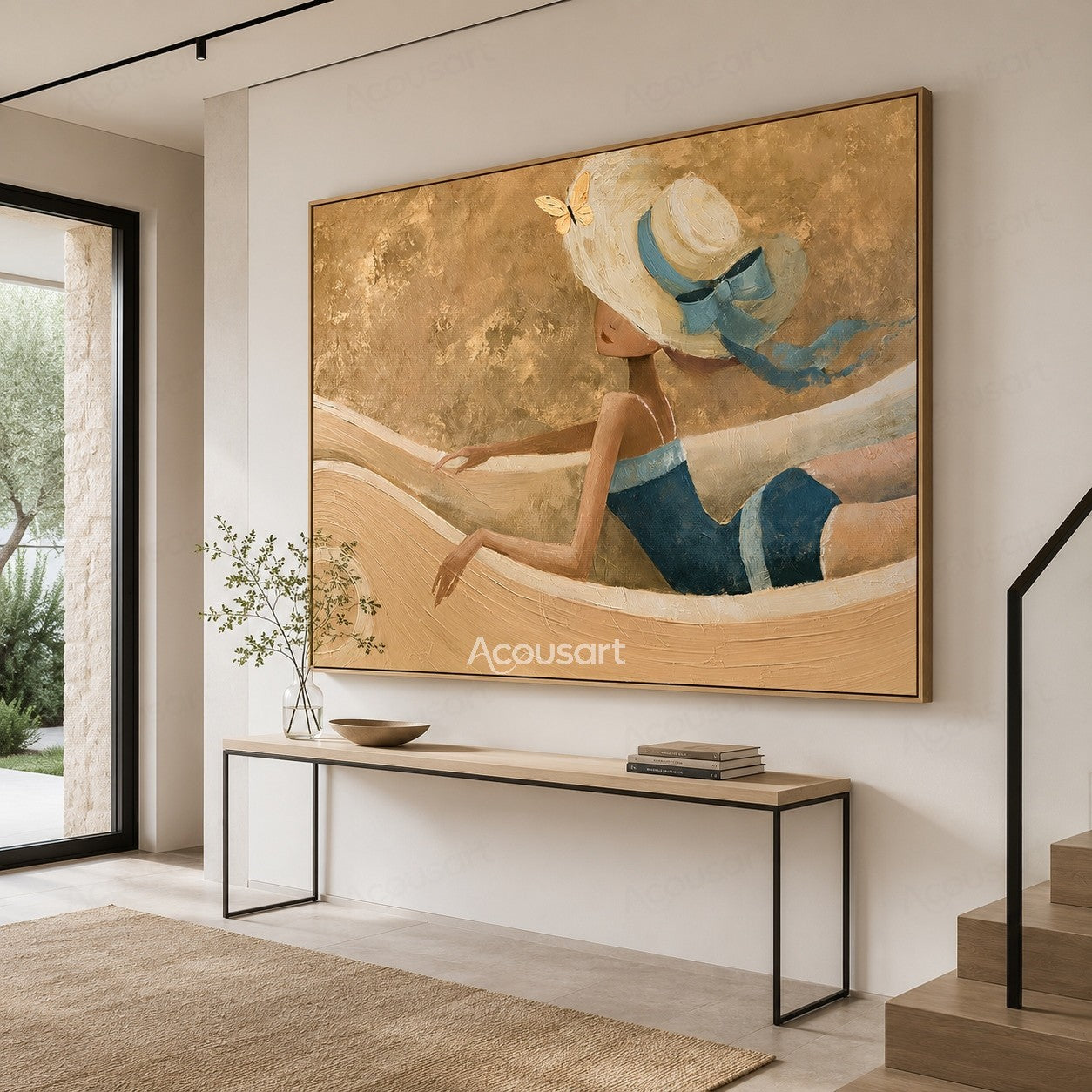 Coastal figurative textured wall art featuring woman in blue outfit and white sun hat by the ocean
