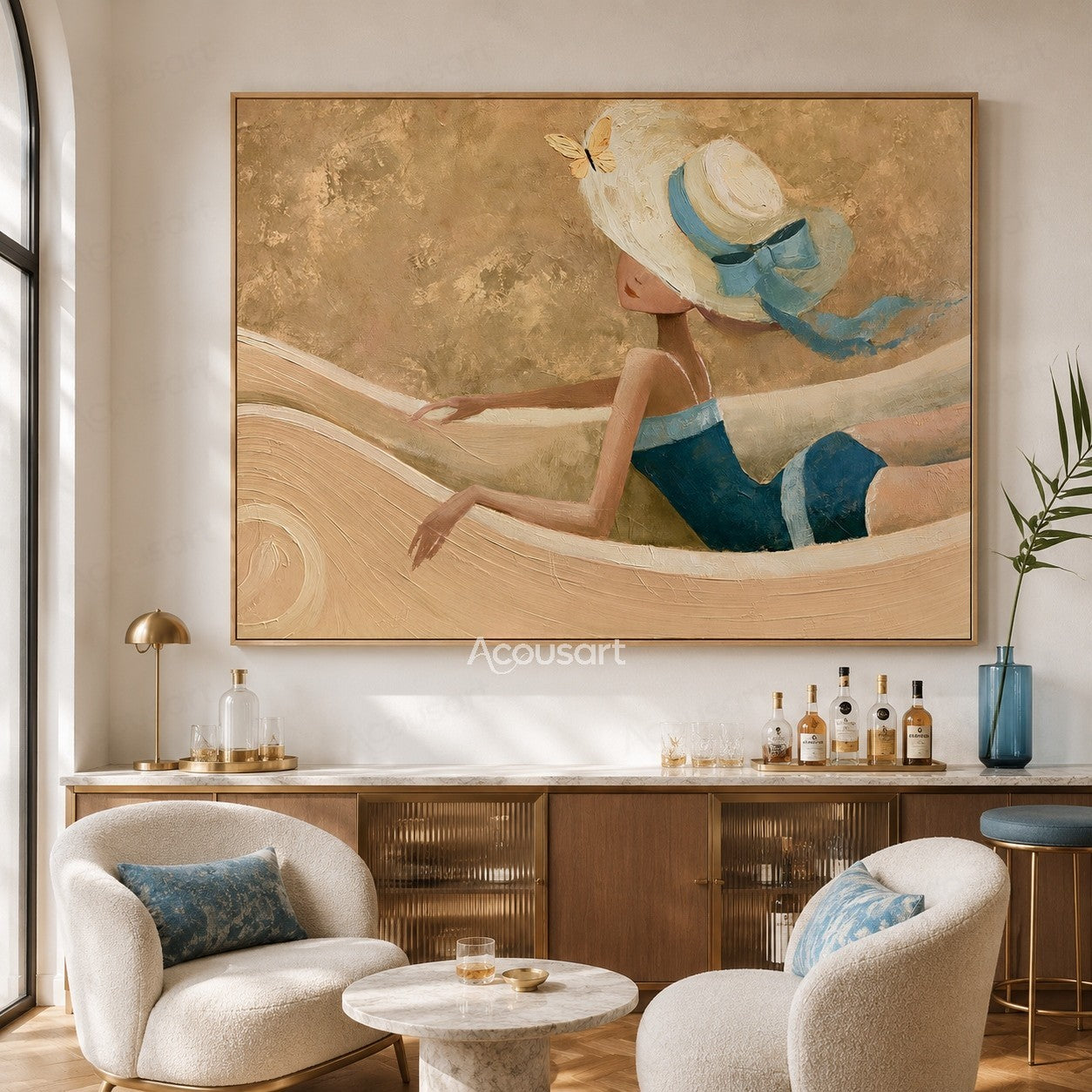 Coastal figurative textured wall art featuring woman in blue outfit and white sun hat by the ocean