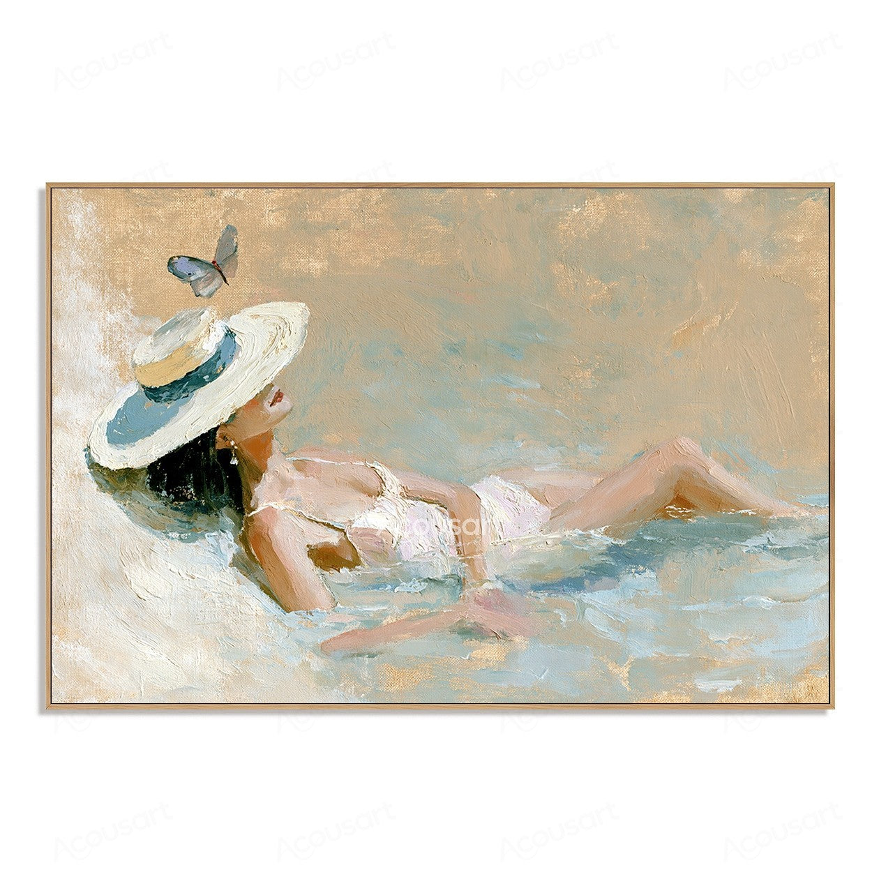 Coastal wall art of woman relaxing in shallow water with white sun hat and butterfly