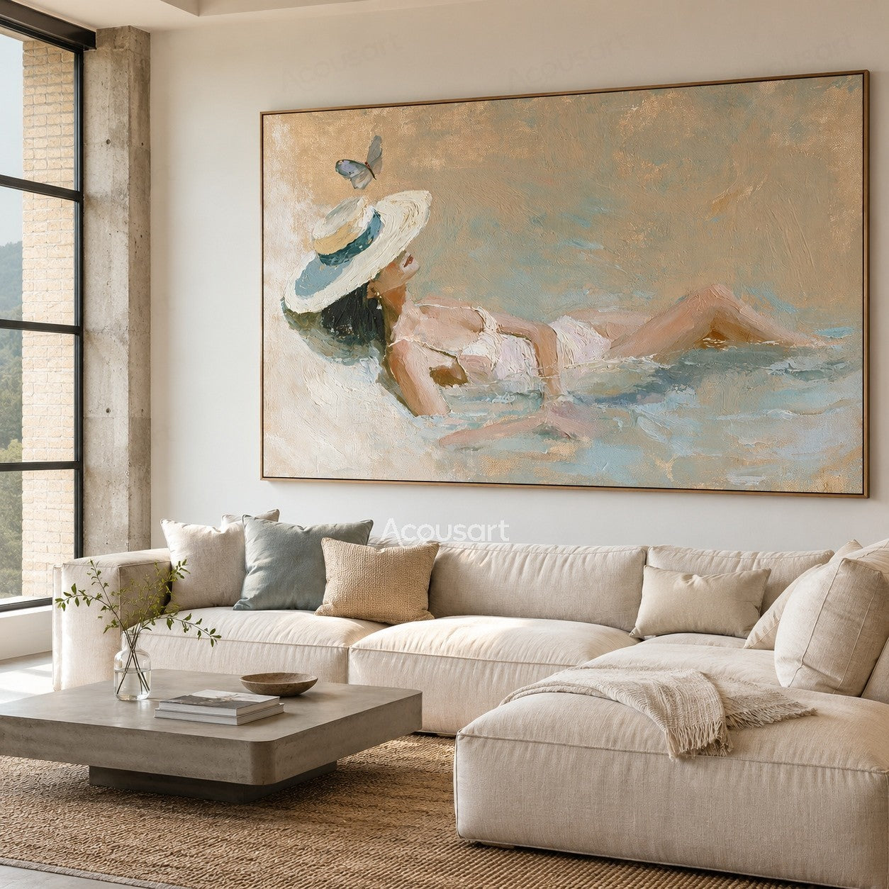 Coastal wall art of woman relaxing in shallow water with white sun hat and butterfly