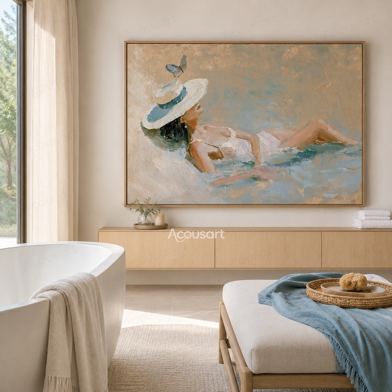 Coastal wall art of woman relaxing in shallow water with white sun hat and butterfly