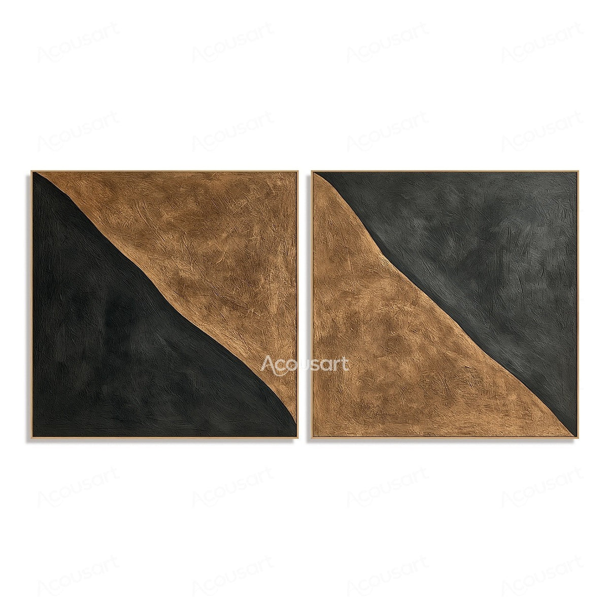 Black and brown abstract diptych wall art with curved geometric shapes and textured minimalist design
