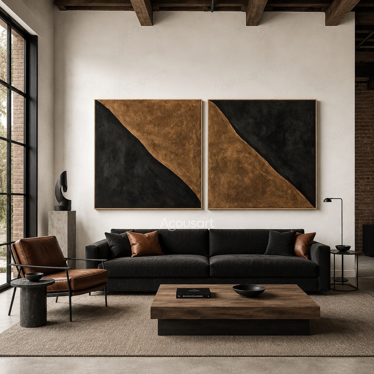 Black and brown abstract diptych wall art with curved geometric shapes and textured minimalist design