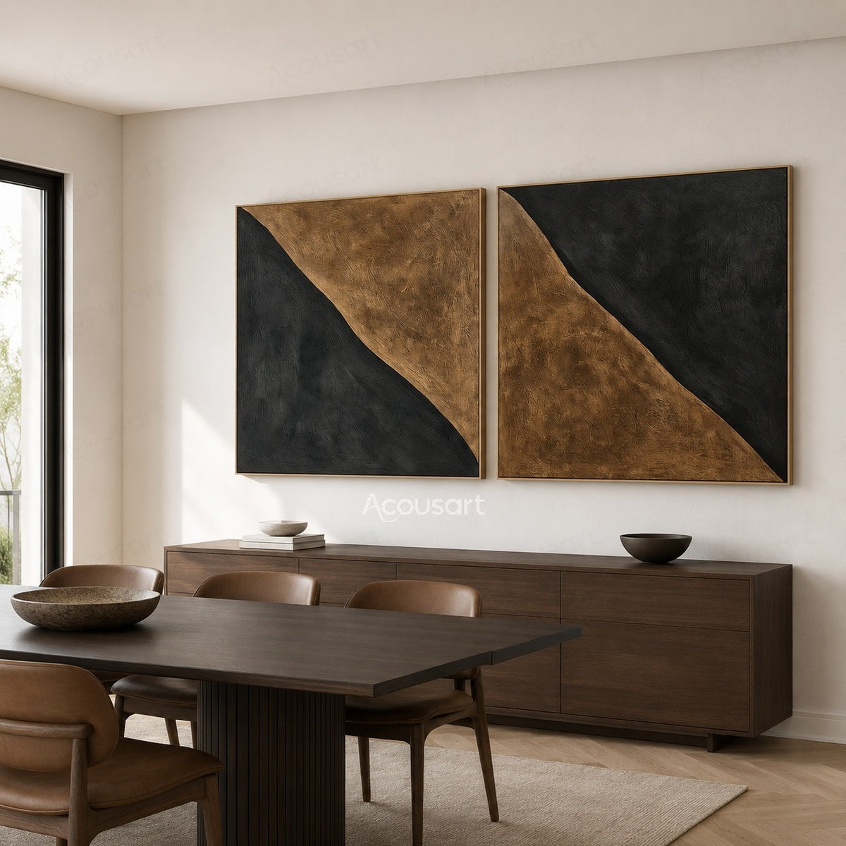 Black and brown abstract diptych wall art with curved geometric shapes and textured minimalist design