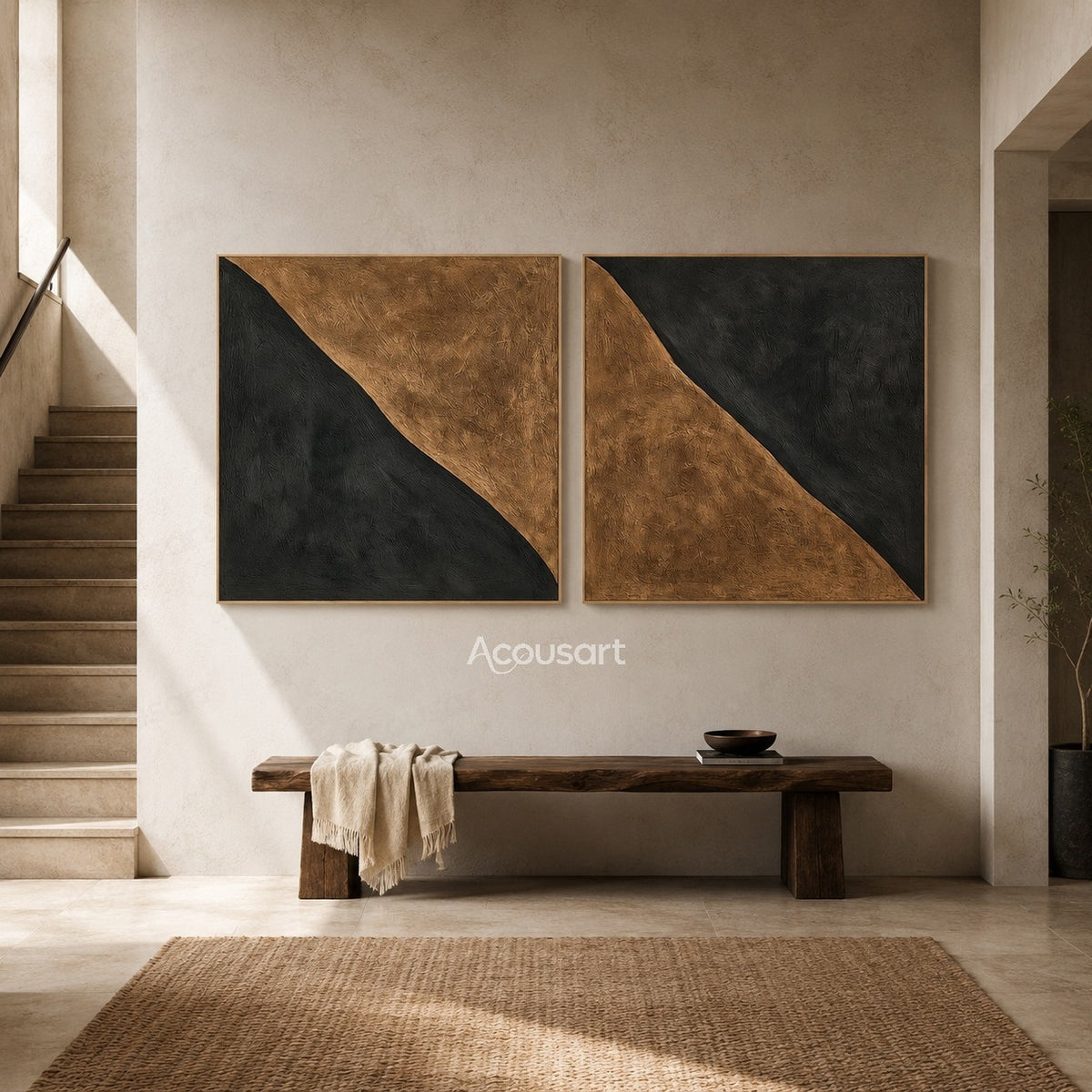 Black and brown abstract diptych wall art with curved geometric shapes and textured minimalist design